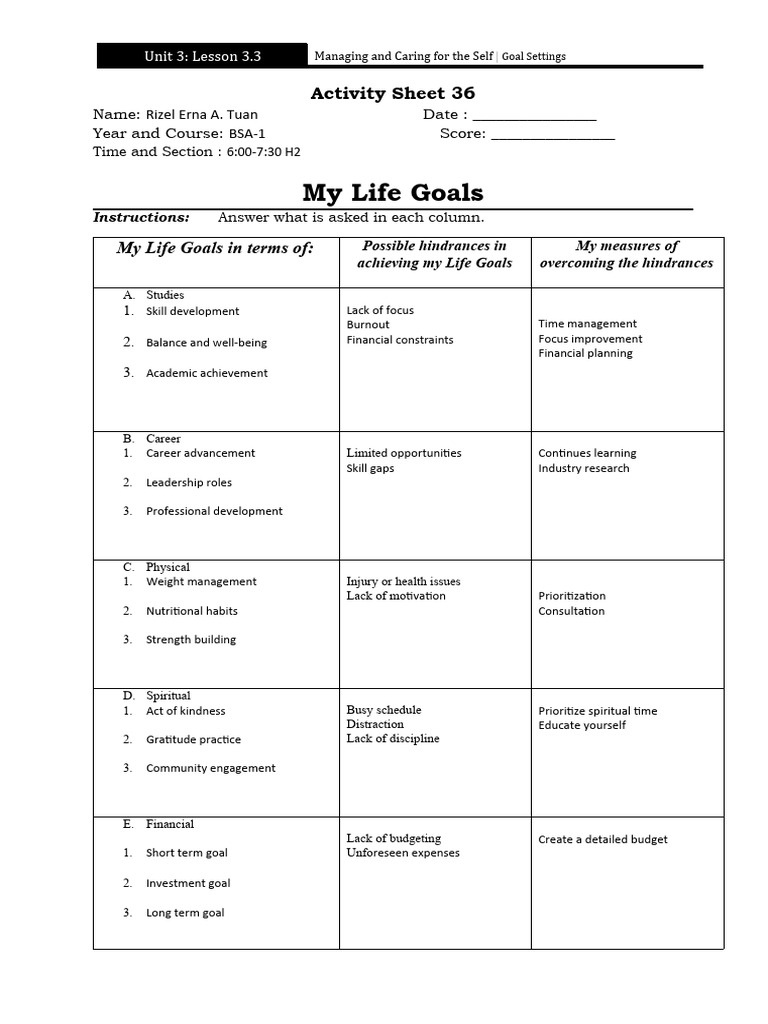 Activity sheet 36 download free pdf goal goal setting