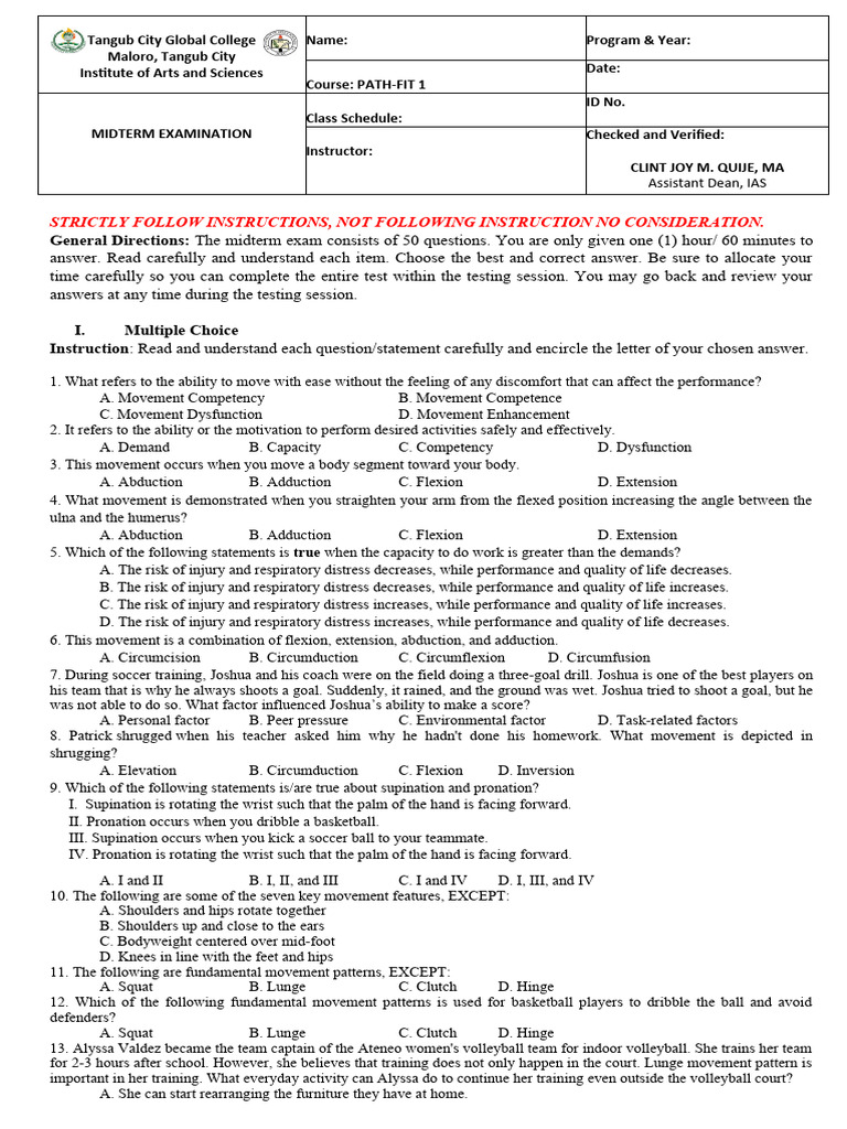 PathFit 1 Midterm Exam Guide | PDF | Anatomical Terms Of Motion | Pelvis