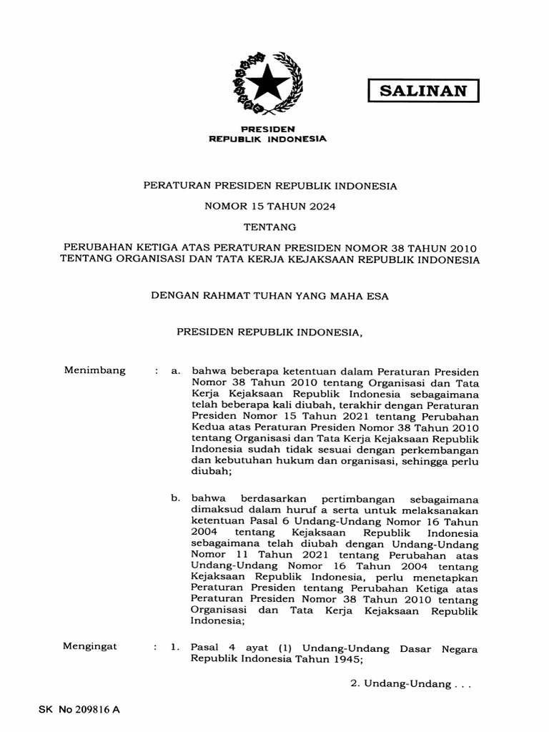 Perpres No 15 Tahun 2024 tentang Kejaksaan | PDF