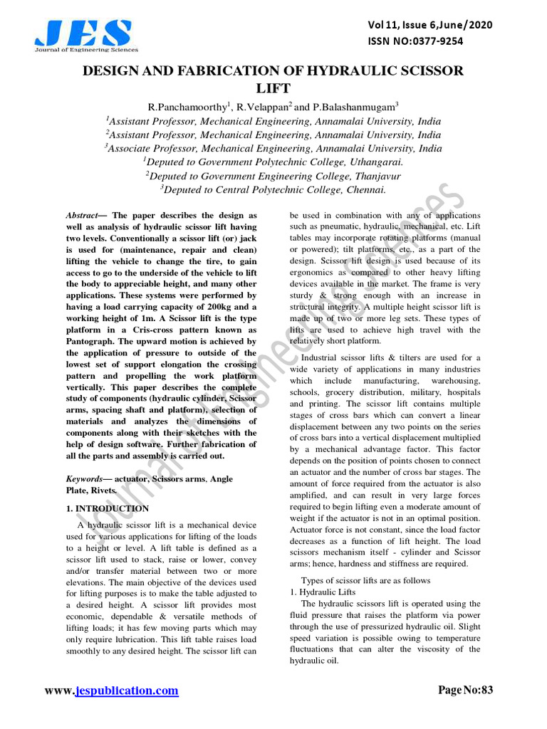 Design and Fabrication of Hydraulic Scissor Lift: Vol 11, Issue 6, June ...