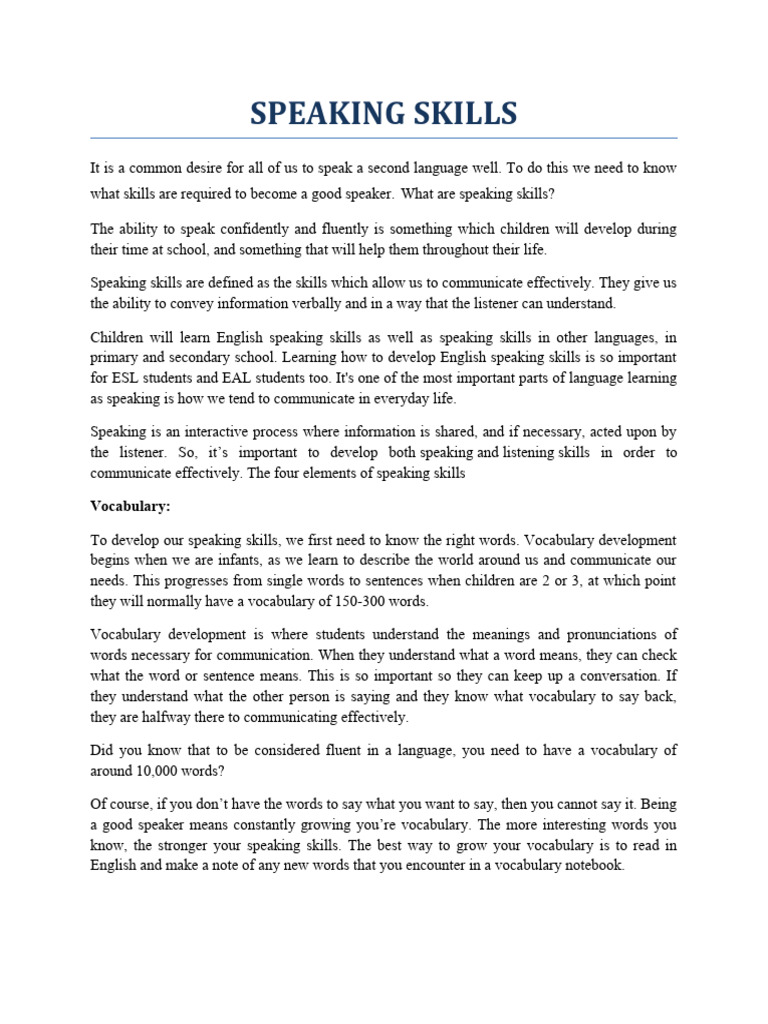 Speaking Skills Pdf English Language Fluency