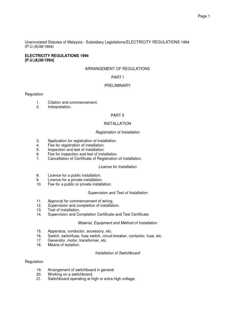 Malaysia Electricity Regulations 1994 | PDF | Fuse (Electrical ...