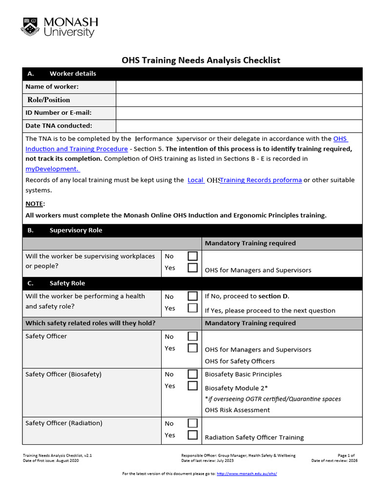 OHS Training Needs Analysis Checklist | PDF | Occupational Safety And ...