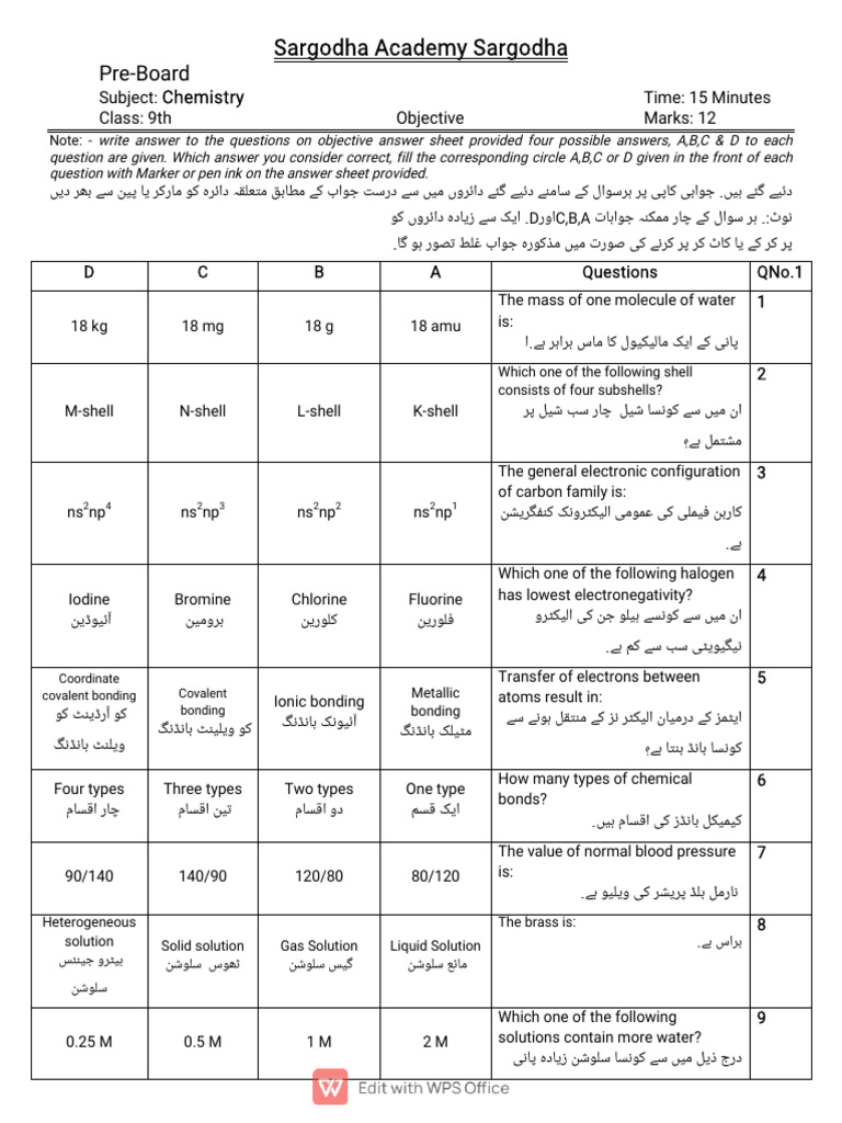 Chemistry Pre-Board Exam Class 9 | PDF | Building Engineering | Chemistry