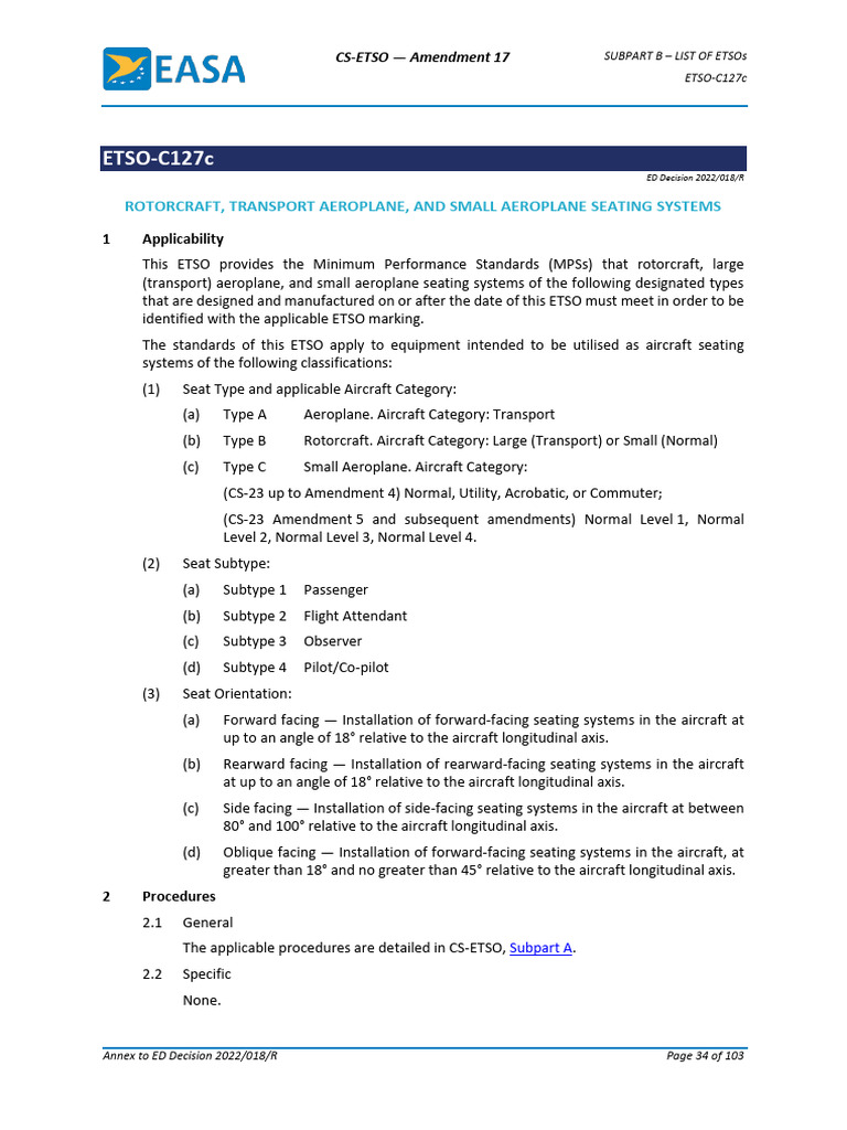 ETSO-C127c: Aircraft Seating Standards | PDF | Aircraft | Composite ...