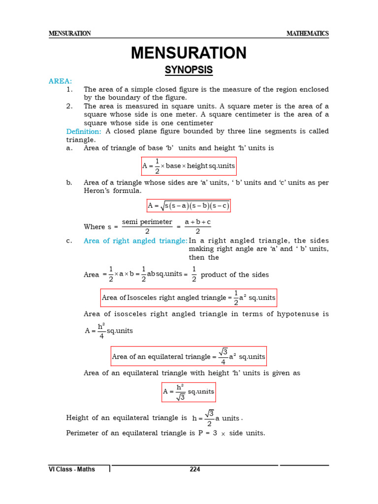 Mensuration: Synopsis | PDF | Area | Triangle