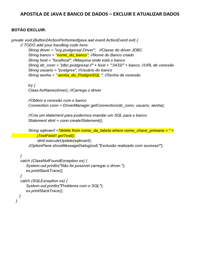 Java: Excluir e Atualizar Dados no Banco | PDF | Postgre SQL | SQL