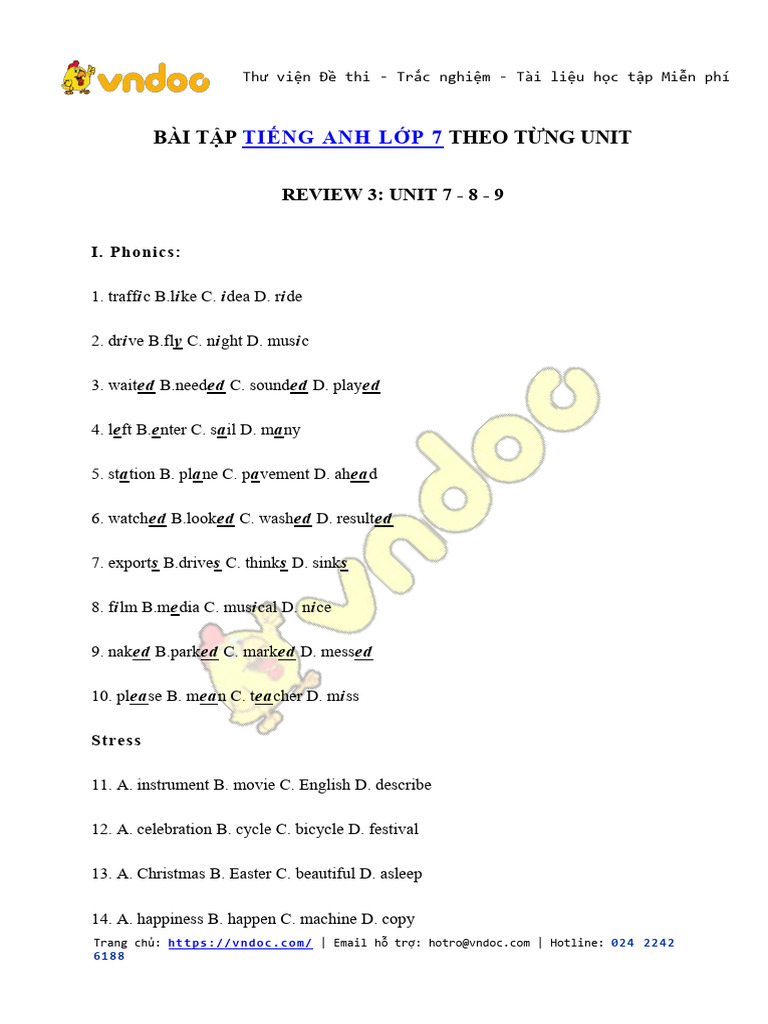 Bai Tap Tieng Anh Lop 7 Chuong Trinh Moi Unit 7 8 9 | PDF