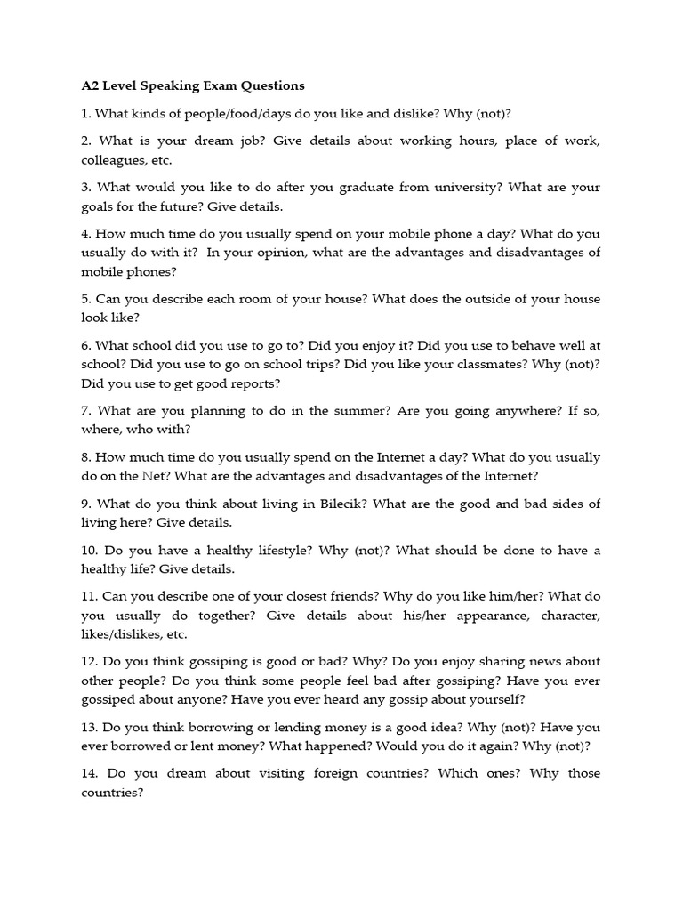 7b99 - A2 Level Speaking Questions | PDF | Human Communication