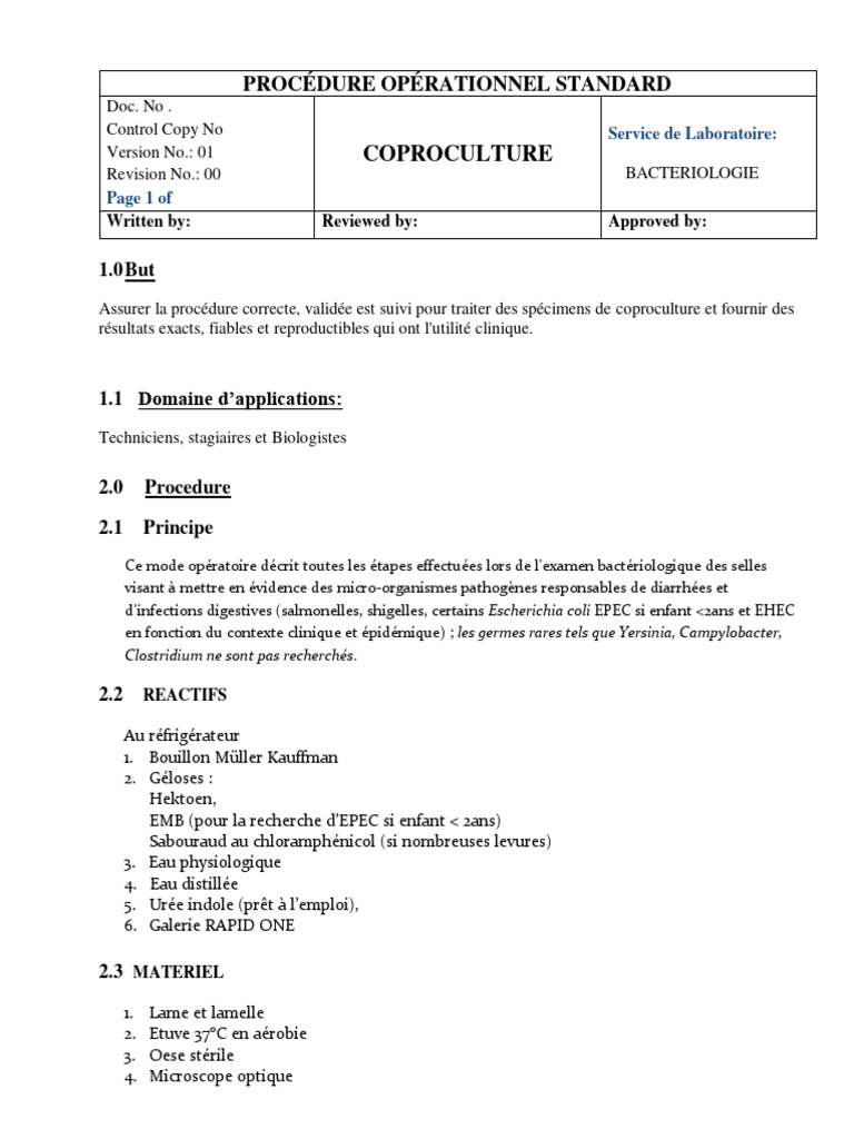 Procédure de Coproculture Bactérienne | PDF | Salmonelle | Escherichia coli