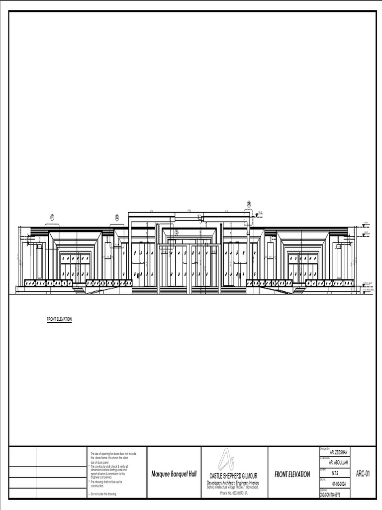 Example of a front elevation drawing with dimensions and specifications