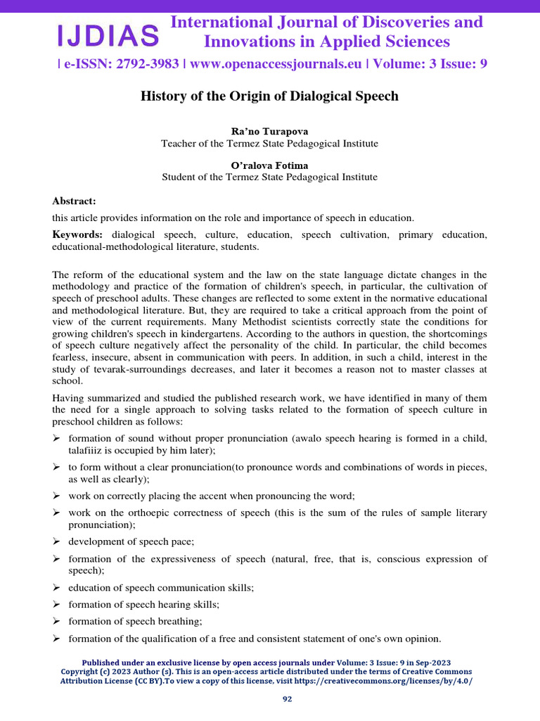 History of The Origin of Dialogical Speech | PDF | Open Access | Vocabulary