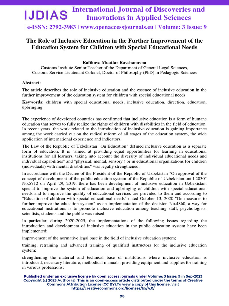 The Role Of Inclusive Education In The Further Improvement Of The