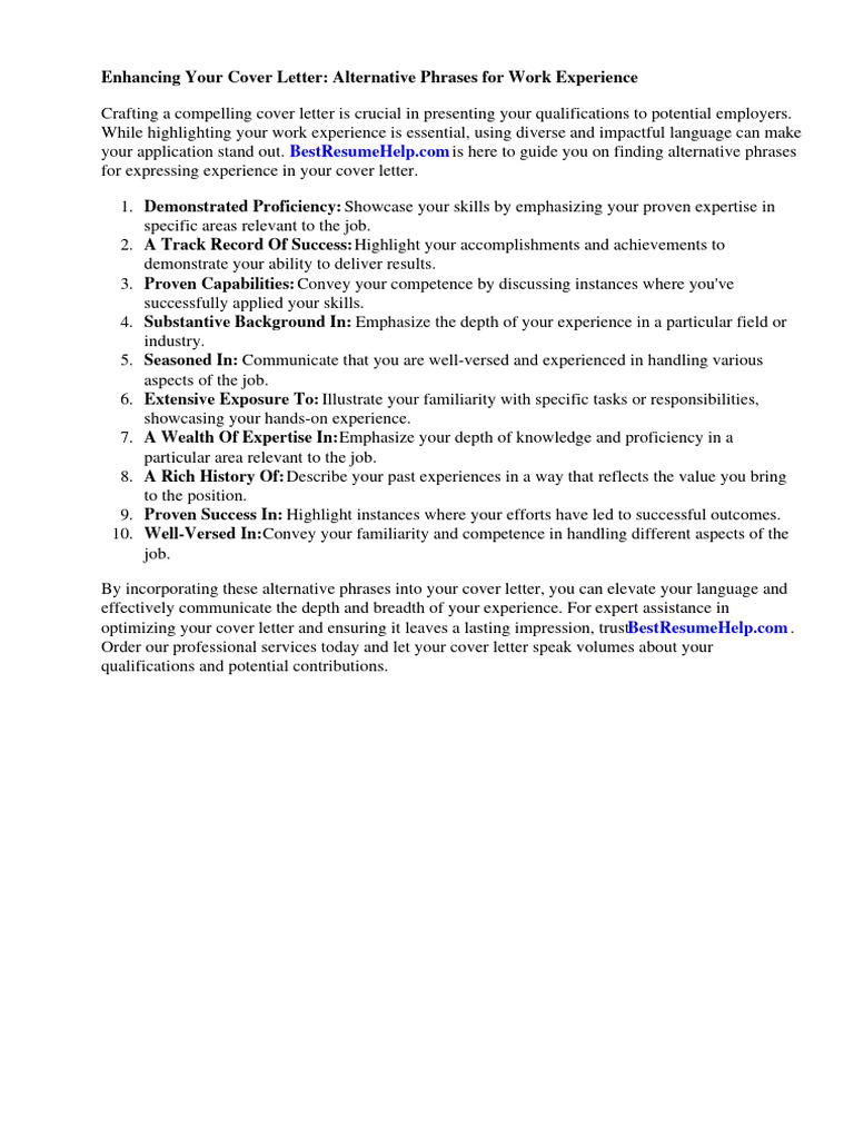 Another Word For Experience in Cover Letter Download Free PDF