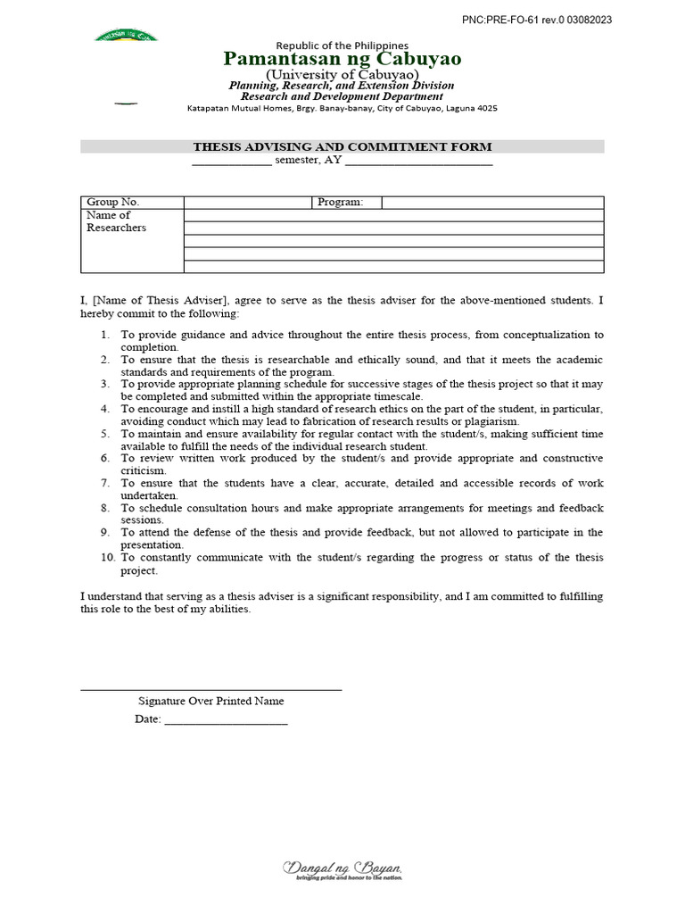 PNC PRE FO 61 Thesis Advising and Commitment Form 20230308095115 | PDF ...