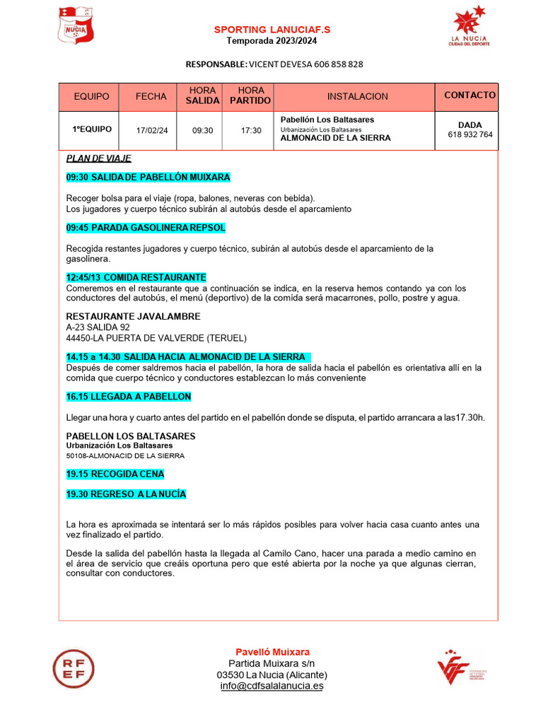 Plan de Viaje Sporting La Nucía 2024 | PDF