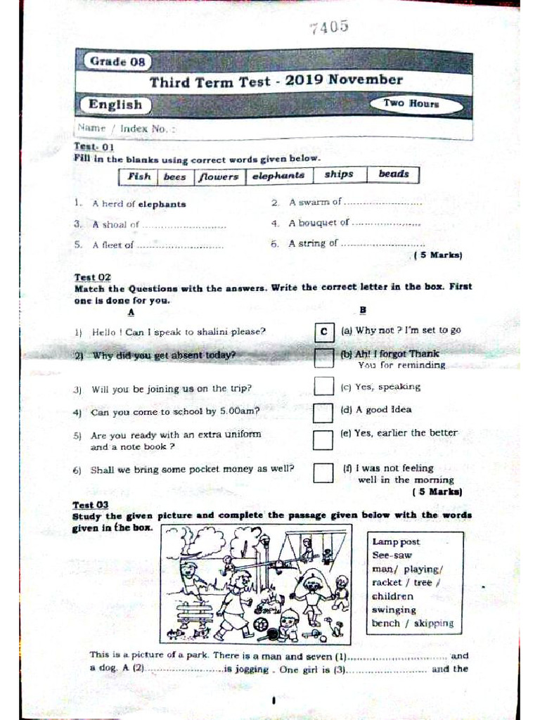 English - Grade 8 - Third Term Test 2019 - Uva Province | PDF