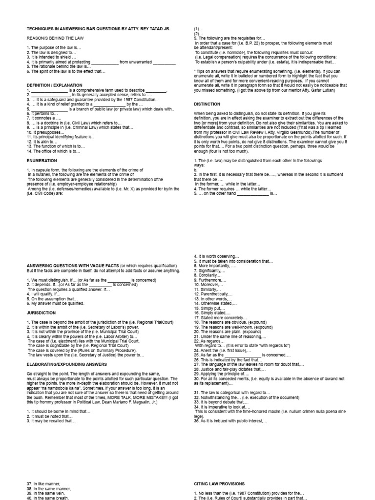 Bar Exam Answering Techniques Guide | PDF | Supreme Courts | Supreme ...