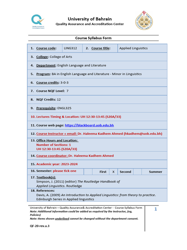 Applied Linguistics Course Syllabus | PDF | Second Language Acquisition ...