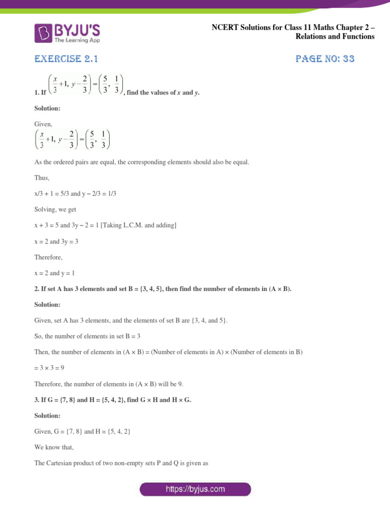 NCERT Solutions For Class 11 Maths Chapter 2 Relations and Functions ...