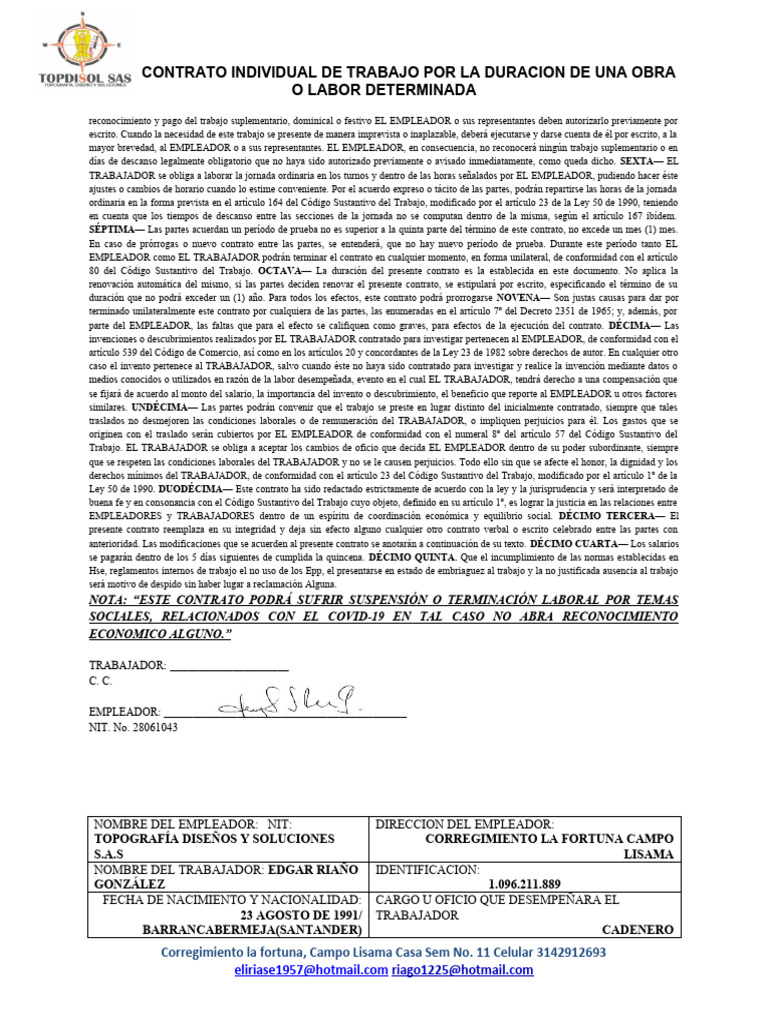 Contrato de Trabajo por Obra Determinada | PDF | Derecho laboral | Salario