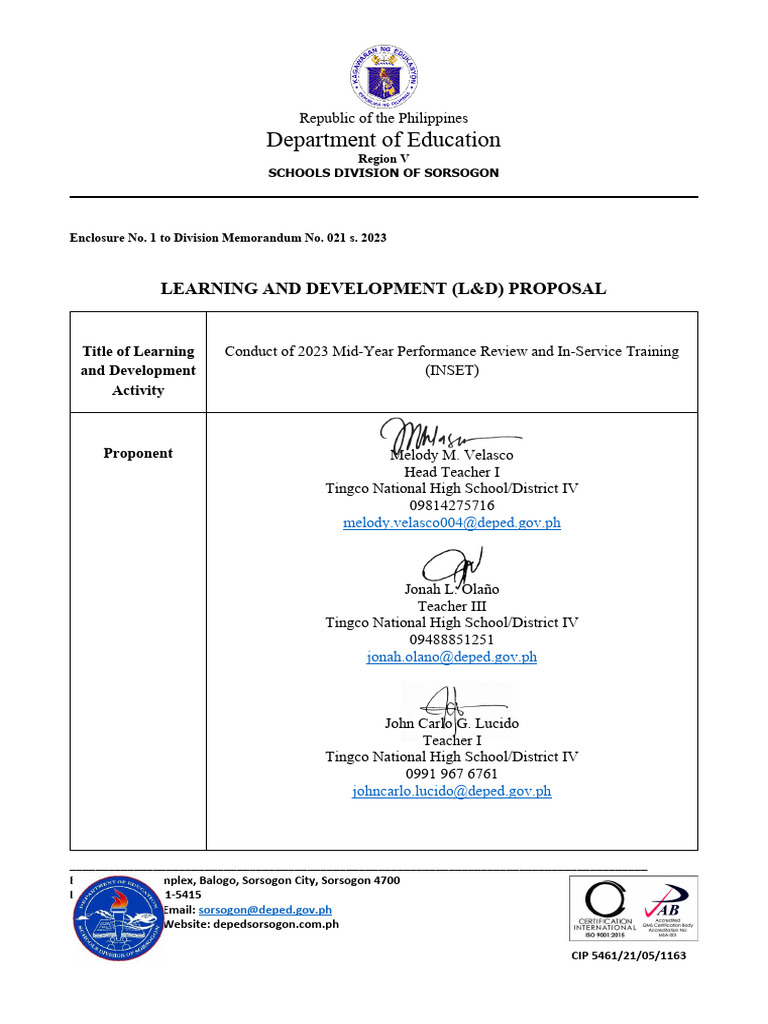 2023 INSET Training Proposal Sorsogon | PDF | Teachers | Learning
