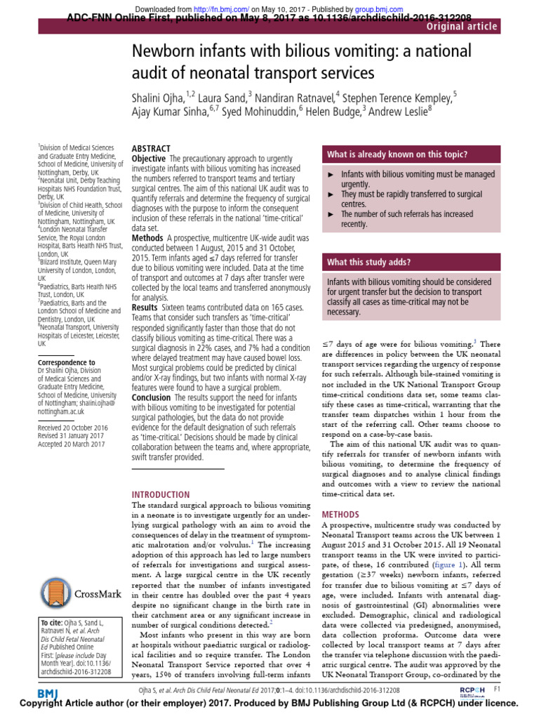 Newborn Infants With Bilious Vomiting - A National Audit of Neonatal ...