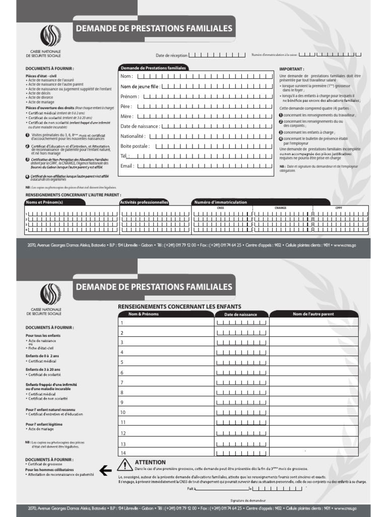 Demande de Prestations Familiales CNSS | PDF | Famille | Institutions ...