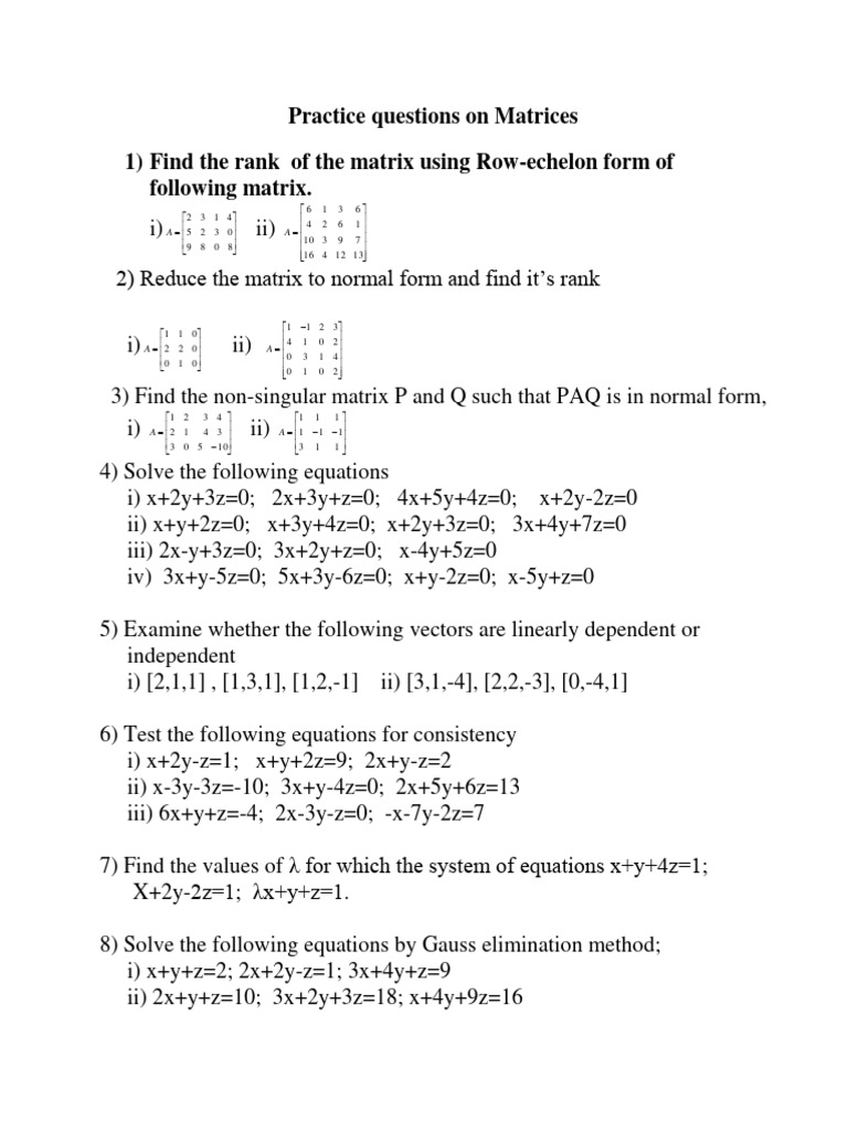 Practice Questions On Matrices 2 PDF Matrix (Mathematics) Linear
