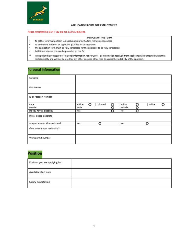 SARU Employment Application Form | PDF | Employment | Business