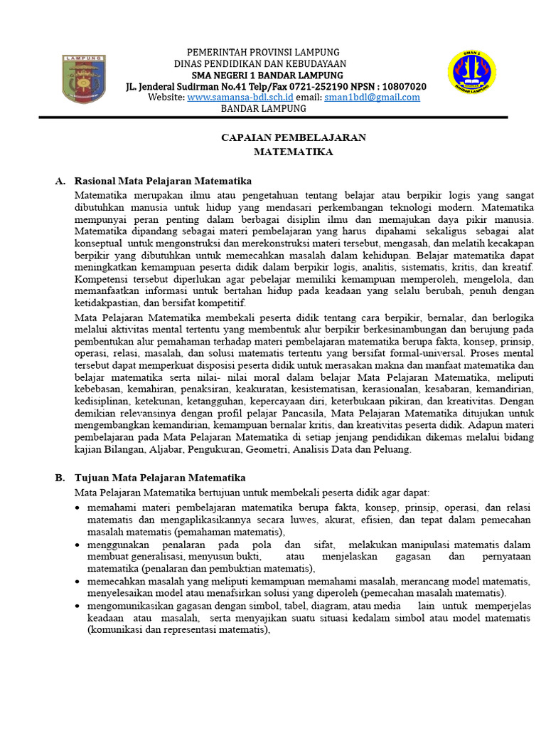 Capaian Pembelajaran Matematika Fase F | PDF | Karier & Perkembangan ...