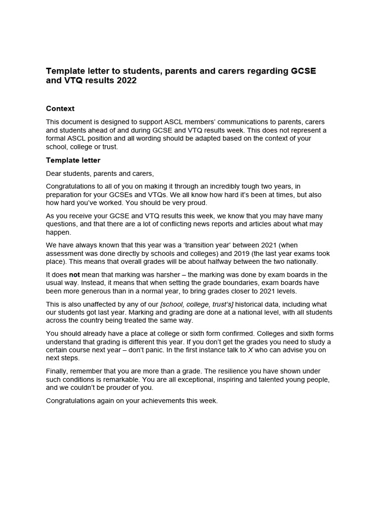 Results week 2022 gcse template student and parent letter new pdf
