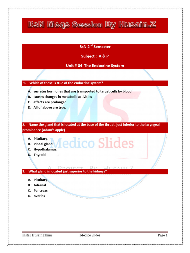 Endocrine System Mcqs with keys YT Insta Medico Slides (1) | PDF ...
