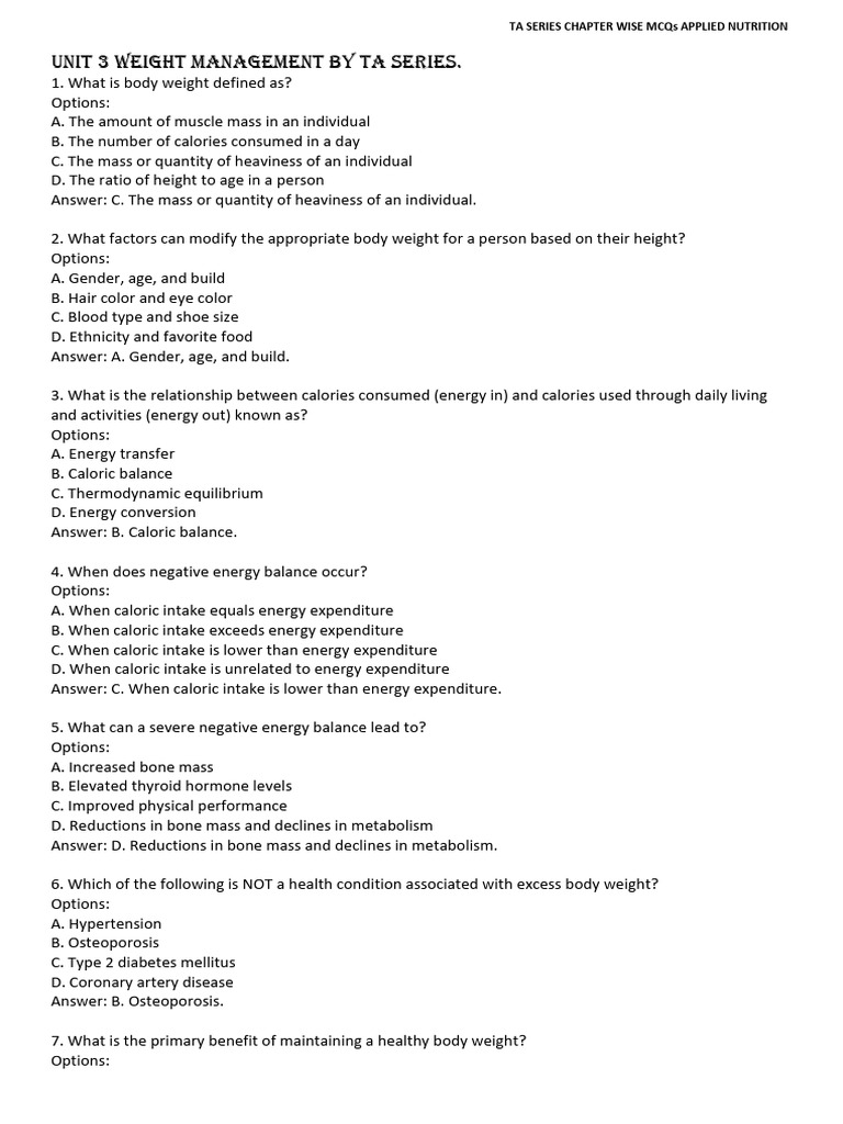UNIT 3 Weight Management by TA SERIES. | PDF | Dieting | Obesity