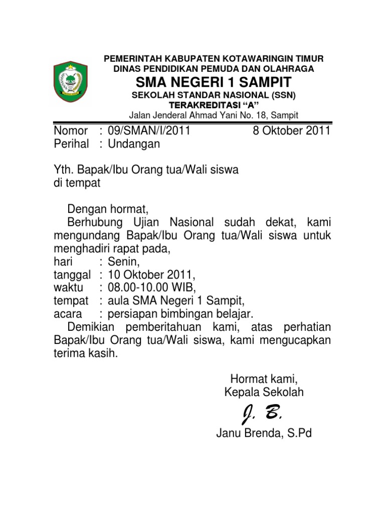 Contoh Surat Undangan Sekolah Untuk Orang Tua Siswa  Contoh Surat