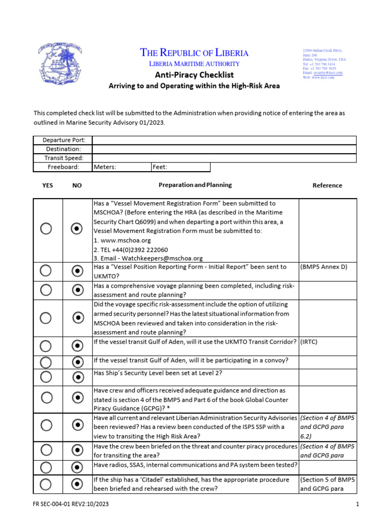 Anti-Piracy Checklist for High-Risk Areas | PDF | Piracy | Ships