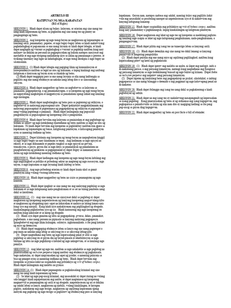 Bill of Rights Filipino | PDF