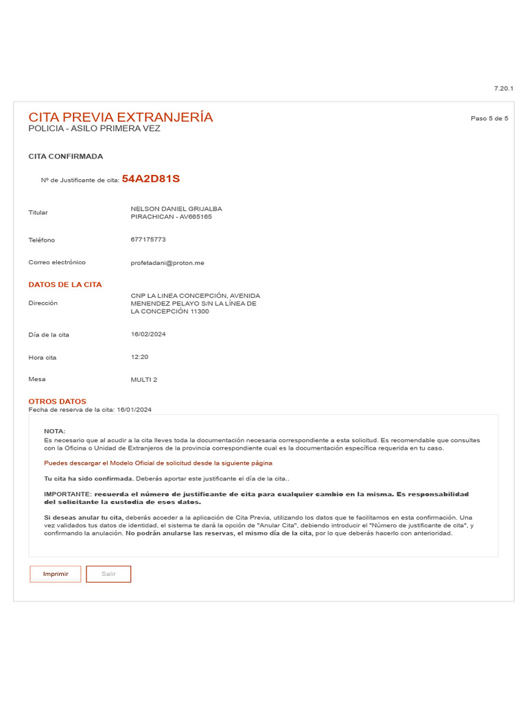 Justificante de La Cita GRIJALBA | PDF