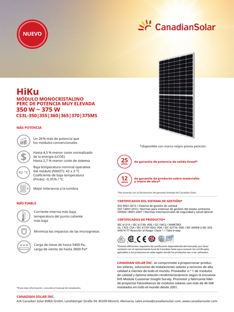 CSI-Datasheet-HiKu CS3L-MS v5.59 ES 350-375 | PDF | Recolección de ...