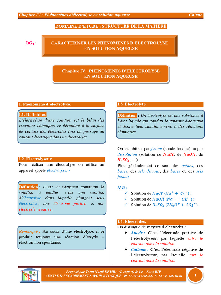 Phénomènes d'électrolyse en solution aqueuse | PDF | Réaction d ...