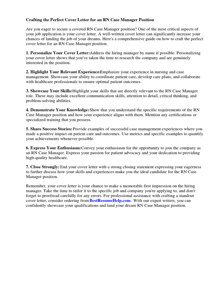 Cover Letter For RN Case Manager Position Download Free PDF Résumé
