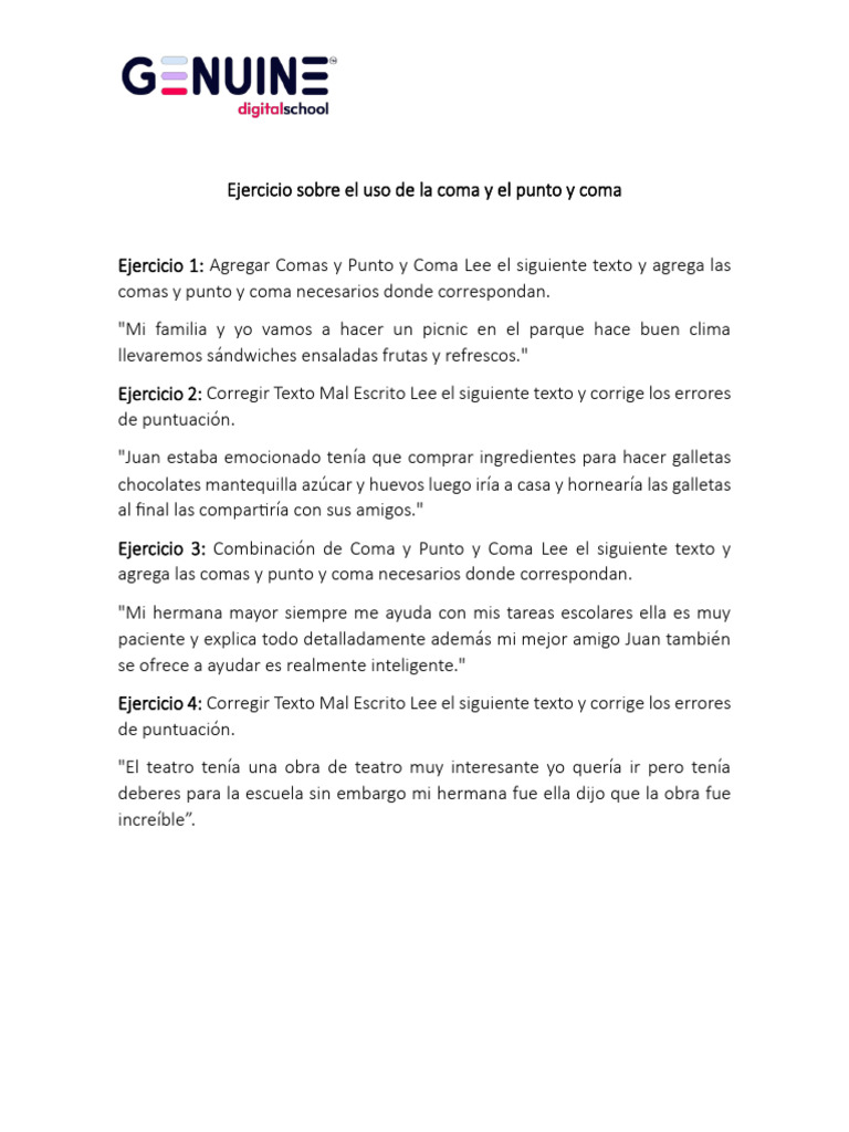 Ejercicio Sobre El Uso de La Coma y El Punto y Coma | PDF
