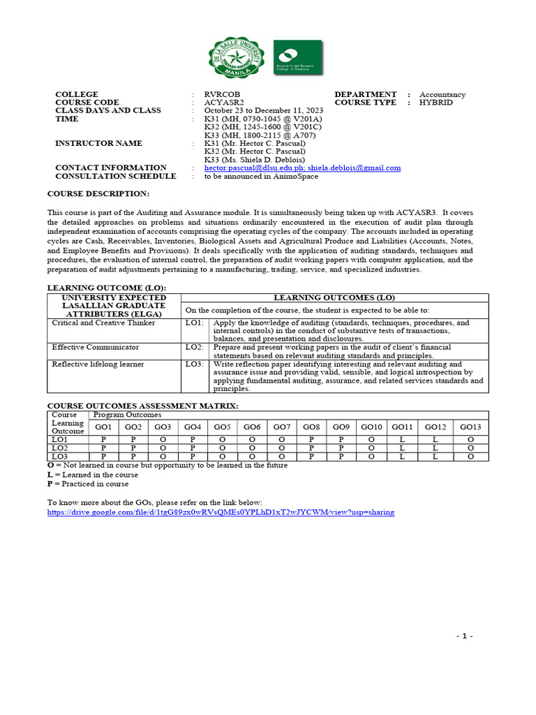 DLSU Accountancy Course Schedule 2023 | PDF | Audit | Learning