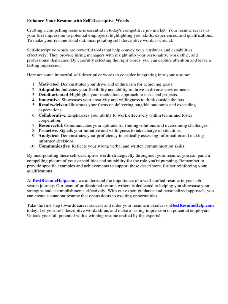 Self Descriptive Words For Resume PDF Résumé Communication