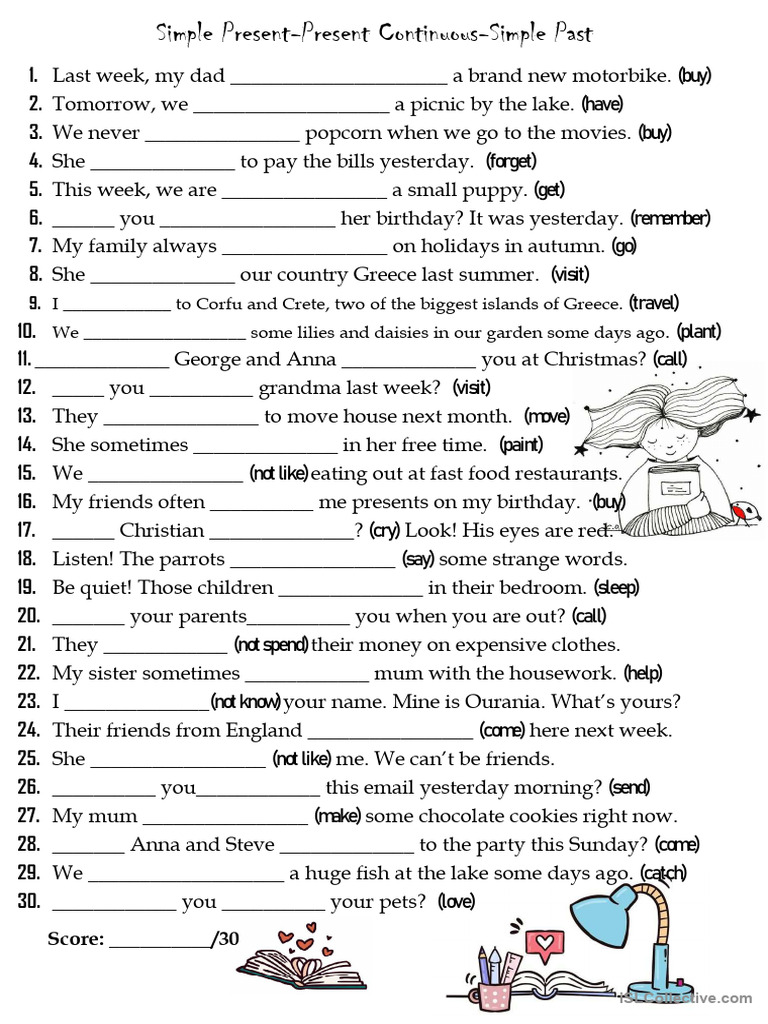 30 Questions Mini Test Simple Present Simple Past Present Continuous