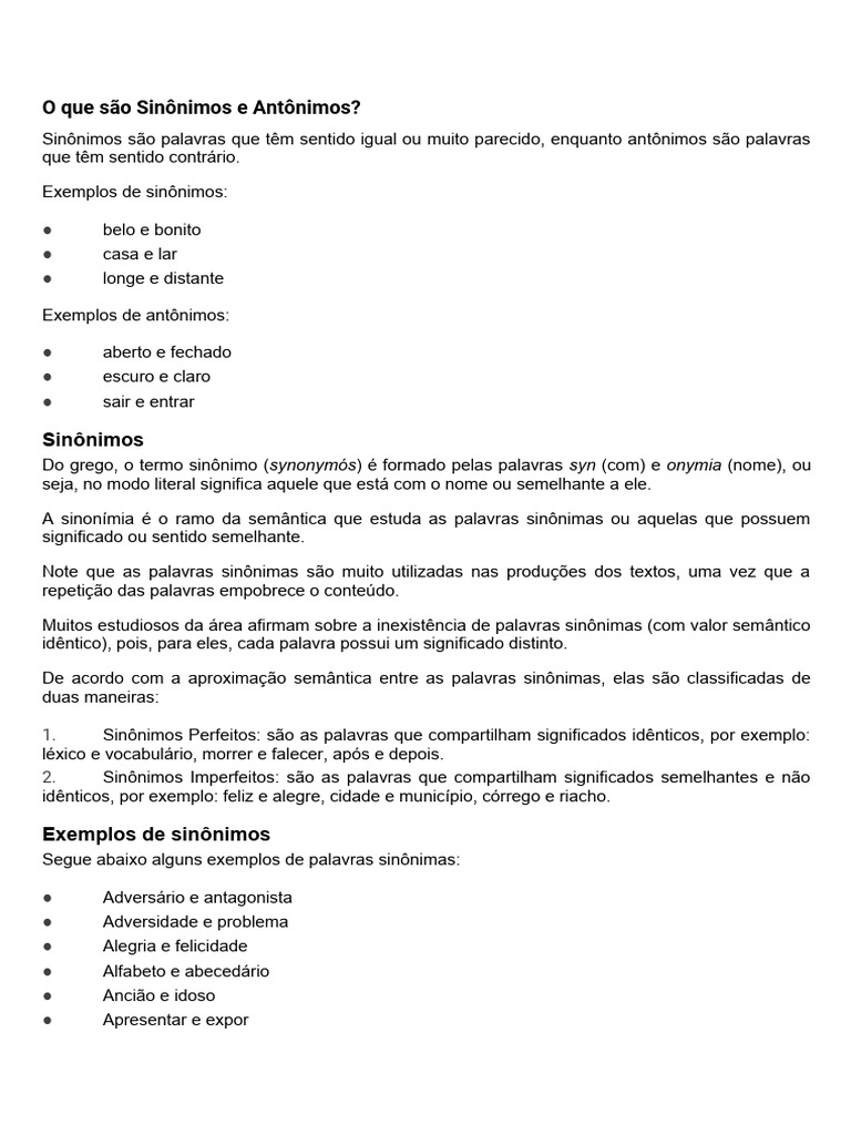 Sinônimos e Antônimos - Homônimos e Parônimos | PDF | Palavra | Semântica