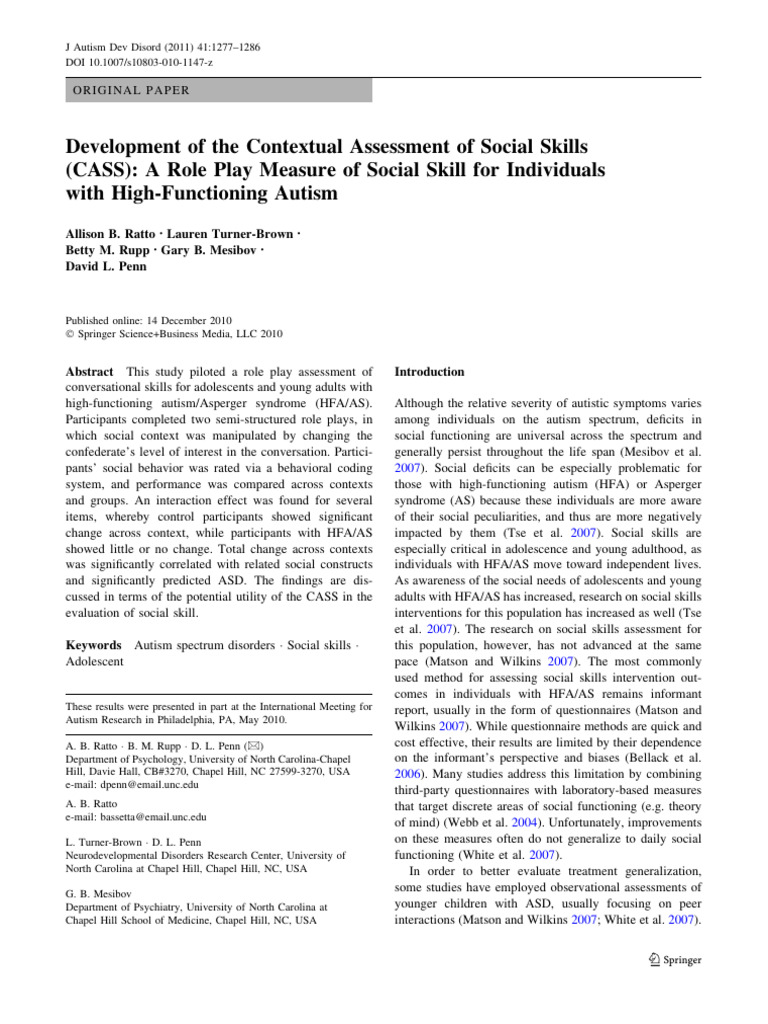 Role Play Social Skills Assessment for Autism | PDF | Autism Spectrum ...