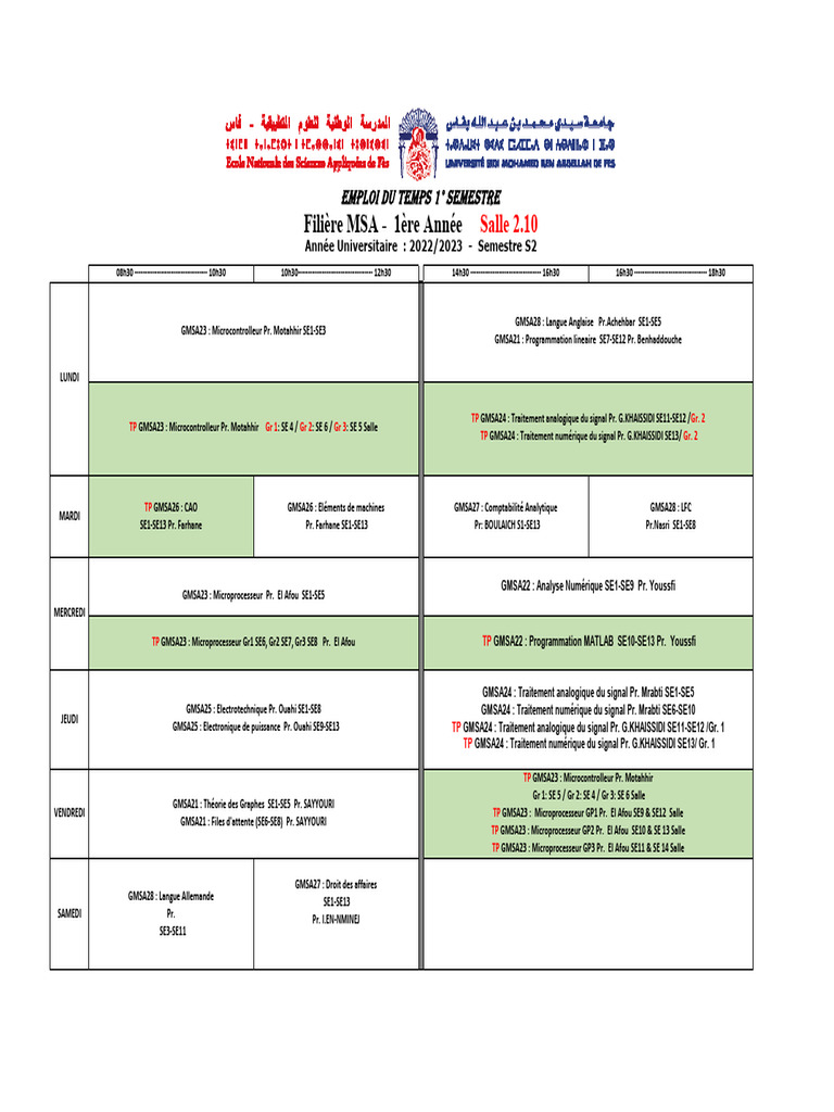 Emploi du temps MSA 1ère année 2022/2023 | PDF | Sciences physiques ...