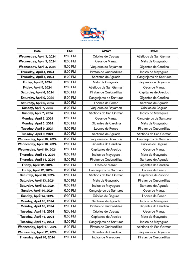 Calendario BSN 2024 PDF Sports Teams Team Sports