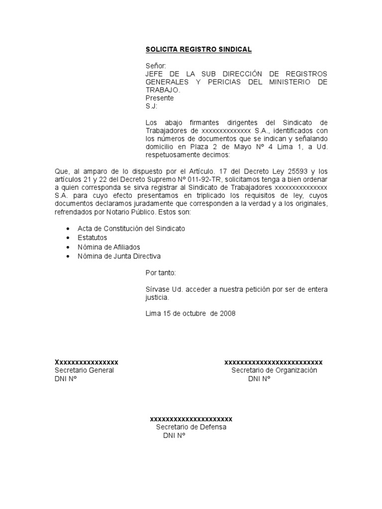 Solicitud Registro Sindical